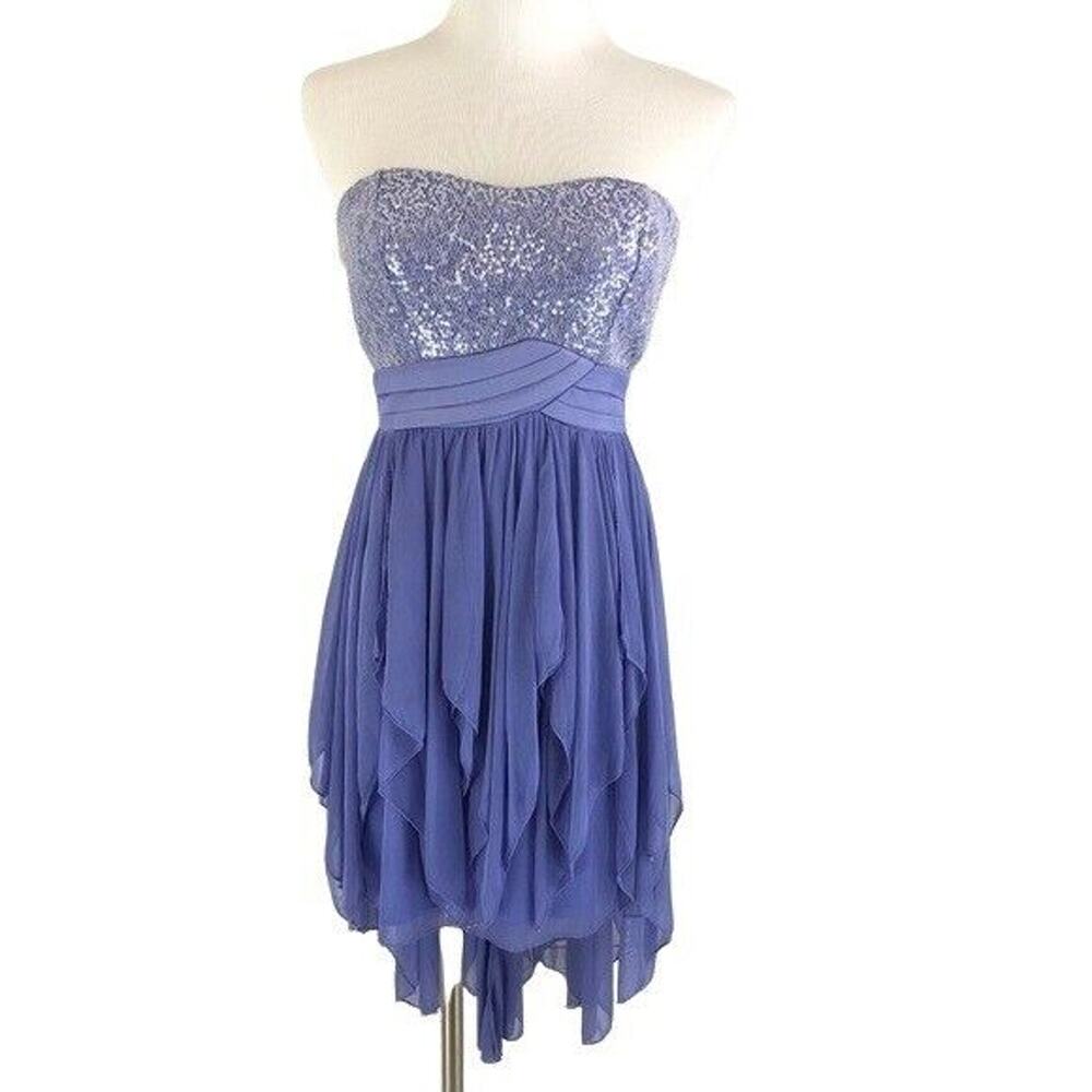 Evening Strapless Dress High-Low Ruched Handkerchief Lavender Sz 5 Sequin Hearts